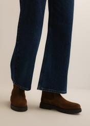 Light brown suede women's Chelsea boots (BUTYD-1194-1G(Z26)), side view on a model's feet, against a light background.