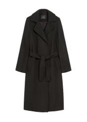 Black long women's coat PLADT-0048B-99(Z25), product view from the front on a white background.