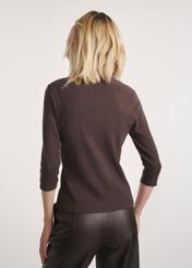 Brown V-neck women's blouse LSLDT-0036-90(Z25), product view from the back on the model. Half of the silhouette visible.
