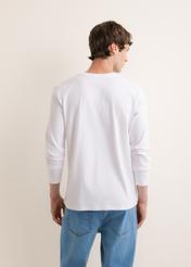 White cotton men's longsleeve LSLMT-0013-0A(Z26), back view of the product on the model. Half of the silhouette visible.