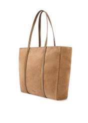 Beige suede women's shopper bag TORES-1248-1B(W26) - diagonal product view, on a white background.