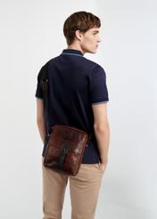Men's brown leather bag TORMS-0104-1H(W26), product view on a model's silhouette, on a light background.
