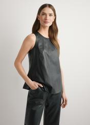 Women's black leather blouse KOSDS-0008-99(W26), front view of the product on the model. Half of the silhouette visible.