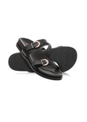 Black women's leather flip-flops BUTYD-1160-99(W25), diagonal product view on white background.