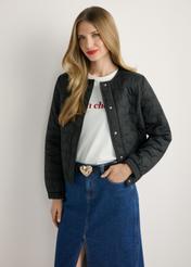 Black women's quilted jacket KURDT-0630-99(W26), product view from the front on the model, half of the silhouette visible.