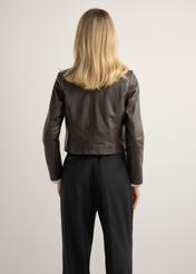 Brown women's leather jacket KURDS-0620-1I(Z26), product view from the back on the model, half of the silhouette visible.