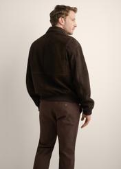 Brown men's suede jacket KURMS-0413-1I(Z26), product view from the back on the model. Half of the silhouette visible.