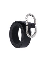 Black leather belt with decorative buckle PASDS-0354-99(Z26), diagonal product view on white background.