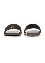 Women's suede slides in dark brown color BUTYD-1255-1I(W26), front and back view of the product on a white background.