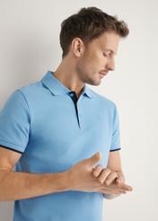 Blue cotton polo shirt POLMT-0045B-7B(W26), close-up of the product on the model's silhouette.