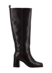 Dark brown leather women's boots with a block heel BUTYD-1335-1I(Z26), side view of the product on a white background.