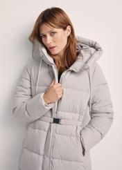 Long light gray women's jacket KURDT-0602-66(Z25), front view of the product on the model. Half of the silhouette visible.