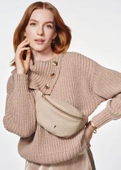 Beige leather women's bag TORES-0894D-81(Z25) - front view of the product on a model on a white background. Half of the silhouette visible.