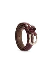 Burgundy thin women's leather belt PASDS-0281-49(Z25), product view rolled up on white background.