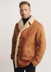 Men's sheepskin coat in camel color KOZMP-0010-24(Z25) - front view of the product on a model on a white background. Half of the silhouette visible.