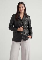 Women's black PLUS SIZE leather jacket KURDS-0645L-99(W26), product view from the front on the model, half of the silhouette visible.
