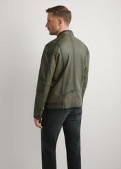 Men's Khaki Leather Jacket KURMS-0403-8D(W26) - Rear view of the product, modeled against a light background. Knee-length silhouette visible.