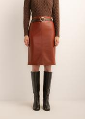 Red leather women's skirt SPCDS-0031-3D(Z26), front view of the product on the model. Half of the silhouette visible.