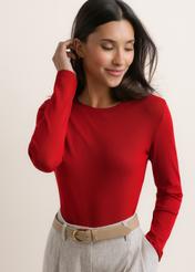 Red women's long-sleeved blouse LSLDT-0057-4B(Z26), front view on a model. Half-body shot.