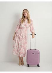 Small suitcase on wheels WALAB-0040-5B-19(W26), product view from the front next to the model, the entire silhouette is visible.