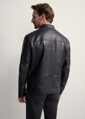 Men's leather jacket with stand-up collar KURMS-0298-1040(KS), product view from the back on the model. Half of the silhouette visible.