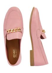 Women's leather pink loafers with chain BUTYD-0914-31(W25), product view from above on a white background.