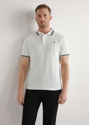 Cream men's polo shirt POLMT-0091-0B(W26), front view of the product on the model. Half of the silhouette visible.