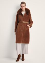 Long women's fur coat in camel color FUTDW-0031-24(Z25), product view from the front on the model, the entire silhouette is visible.