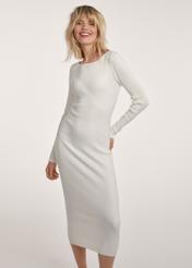 Cream long striped dress SUKDT-0241-12(Z25) - front view of the product on a model on a white background. Half of the silhouette visible.