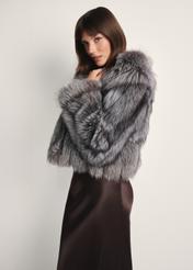 Women's natural fur coat in gray color FUTDF-0110-3179(Z25), product view from the side on a white background.