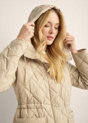 Beige women's transitional jacket KURDT-0666-1J(Z26). Front view of the product on a model. Close-up view.