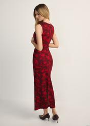Burgundy floral viscose dress SUKDT-0245-49(Z25) - back view of the product on a model, against a white background. Full body visible.