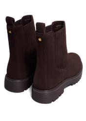Dark brown suede women's Chelsea boots BUTYD-1281-1I(Z26), product view from the back on a white background.