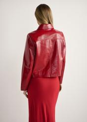 Red short women's jacket KURDS-0612-4B(W26), product view from the back on the model, half of the silhouette visible.