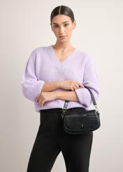 Small black women's croco handbag TOREC-1264-9G(Z26), front view of the product on the model. Half of the silhouette visible.