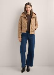 Women's camel quilted jacket KURDT-0678-1D(Z26), front view of the product on a model. Full body view.
