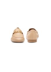 Women's dark beige leather moccasins with chain BUTYD-0914A-1B(W26), front and back product view on white background.