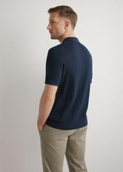 Navy blue ribbed polo shirt POLMT-0085-7E(W26), back view of the product on the model. Half of the silhouette visible.