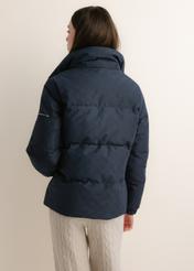 Women's navy blue monogram-print jacket with a stand-up collar (KURDT-0694-7E(Z26)); rear view on a model, showing half of the figure.