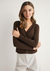 Dark brown women's blouse BLUDT-0203-1I(W26) - front view of the product, on a model, against a light background. Half of the silhouette visible.