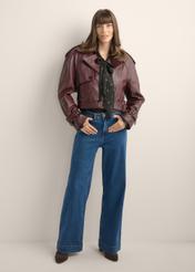 Women's burgundy short leather jacket KURDS-0615-4E(Z26), front view of the product on a model. Full body visible.