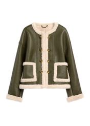 Women's short sheepskin coat in khaki color KOZDP-0015-8D(Z26), front product view on a white background.