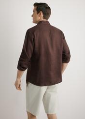 Brown men's linen shirt KOSMT-0321A-1I(W26) - back view of the product, on a model, against a light background. Knee-length silhouette visible.