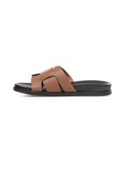 Women's camel leather slides BUTYD-1163-1D(W26), side product view on white background.
