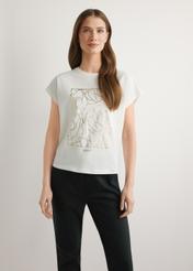 Cream women's T-shirt with gold print TSHDT-0162-0B(W26), front view of the product on the model. Half of the silhouette visible.