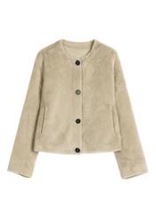 Women's short beige fur coat FUTDP-0079-1A(W26), front product view on white background.