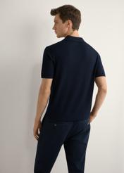 Navy blue silk polo shirt POLMT-0094-7E(W26), product view from the back on the model, half of the silhouette visible.