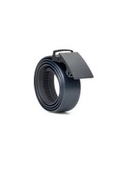 Men's navy blue leather belt PASMS-0269-7E(W26), diagonal product view on white background.