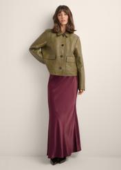 Women's burgundy long skirt SPCDT-0117-4D(Z26), front view of the product on the model. Full body visible.