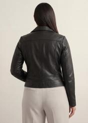 Women's PLUS SIZE leather biker jacket KURDS-0274L-99(KS), product view from the back on the model, half of the silhouette visible.
